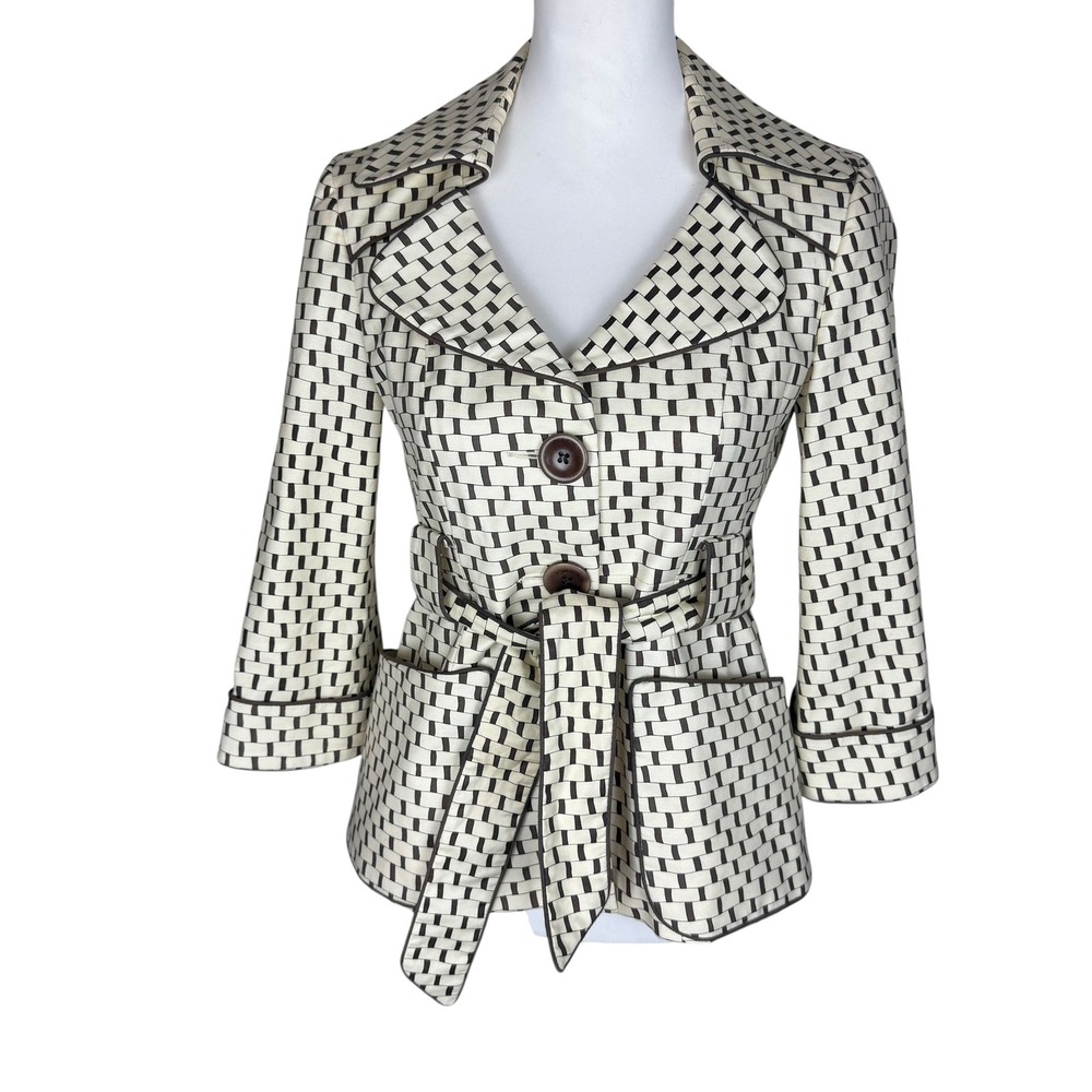 Nanette Lepore Womens 2 Belted Geometric Basketweave Jacket Brown Cream USA Made
